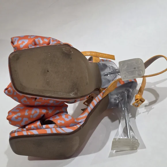Betsey Johnson Size 6 Orange Patterned Bow Slingback Heels with Gem Accent - Picture 5 of 6
